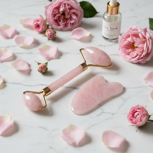 Rose Quartz Gua Sha Facial Sculpting Tool on marble surface