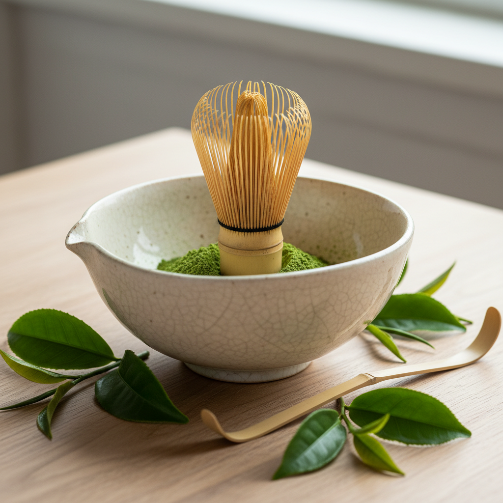 Japanese ceremonial matcha powder in ceramic bowl with bamboo whisk on wooden surface