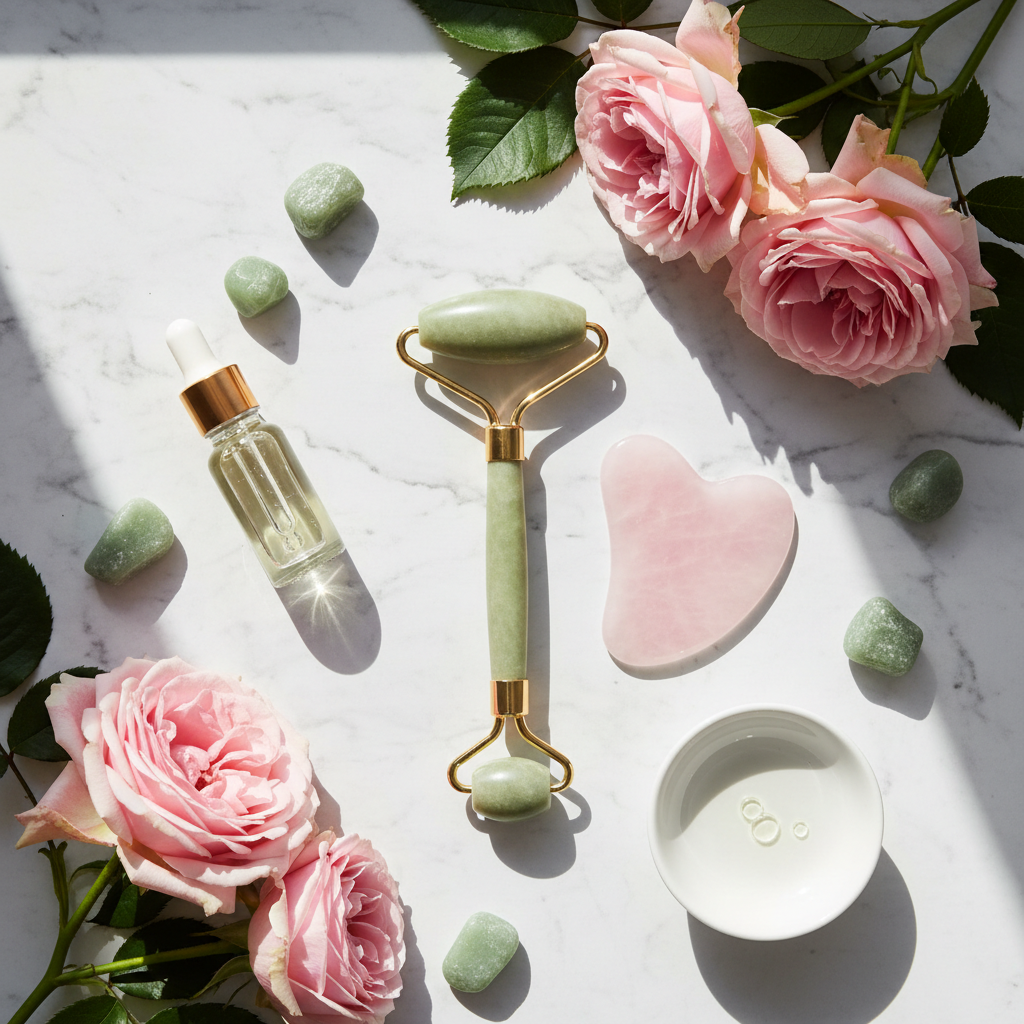 Jade roller and rose quartz gua sha facial tool set on white marble with green jade crystals and pink roses