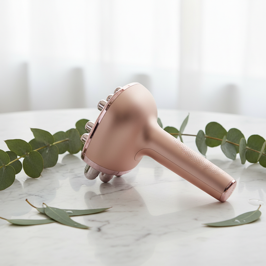 Rose gold handheld electric percussion body massager on white marble with eucalyptus leaves