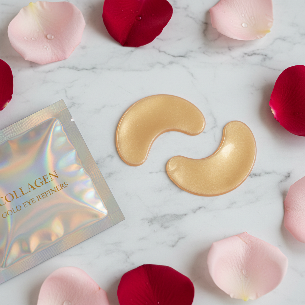 Gold collagen under eye patches in pearlescent packaging on white marble with rose petals