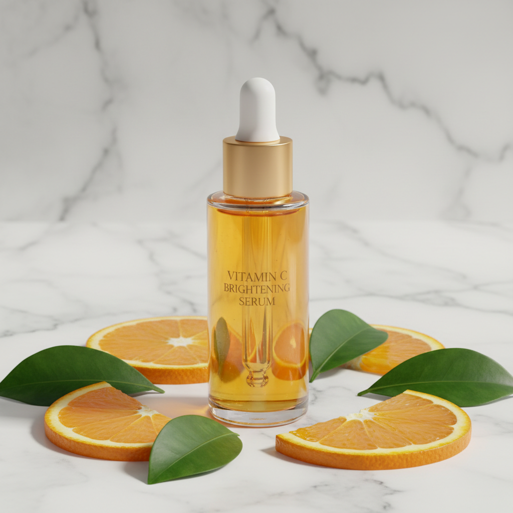 Vitamin C brightening face serum in orange glass dropper bottle on white marble with orange slices