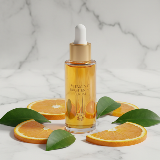 Vitamin C brightening face serum in orange glass dropper bottle on white marble with orange slices