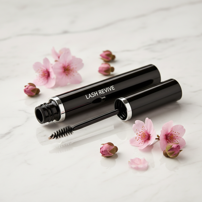 Eyelash growth serum in sleek black tube with fine brush applicator on white marble
