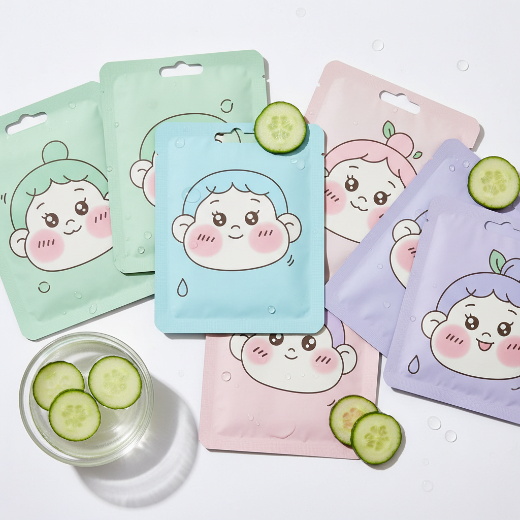 Korean hydrating sheet mask pack with 10 masks on white surface with cucumber slices