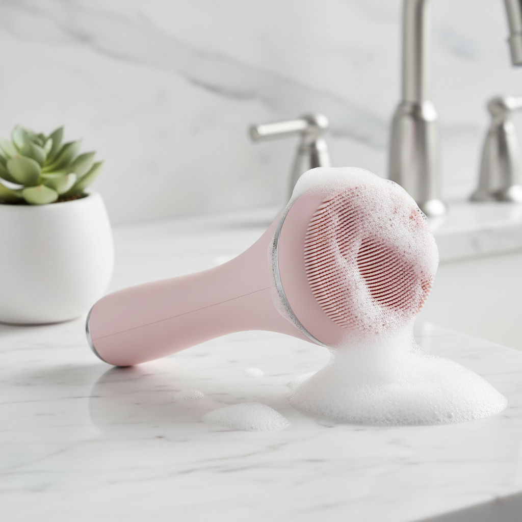 Electric facial cleansing brush in soft pink on marble bathroom countertop