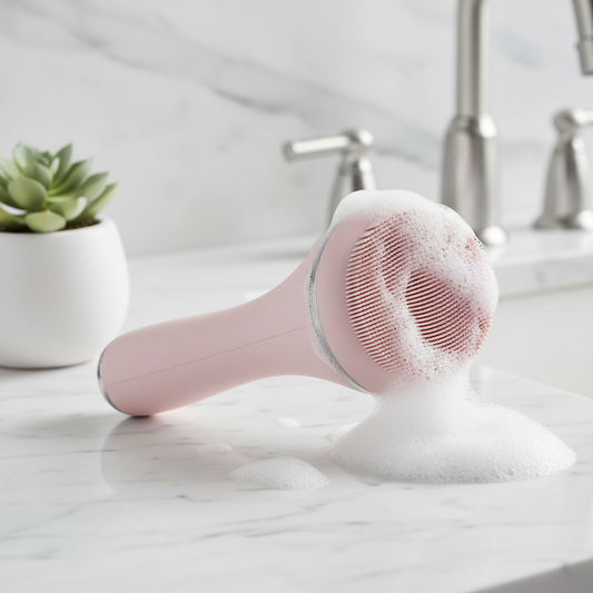 Electric facial cleansing brush in soft pink on marble bathroom countertop