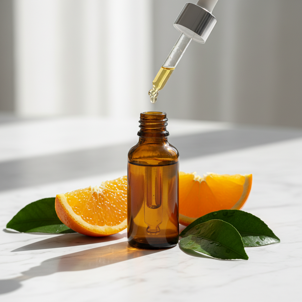 Vitamin C brightening face serum in amber glass dropper bottle on marble with orange slices