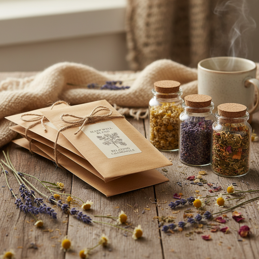 Assorted herbal tea collection in kraft sachets and glass jars with dried flowers on wooden surface