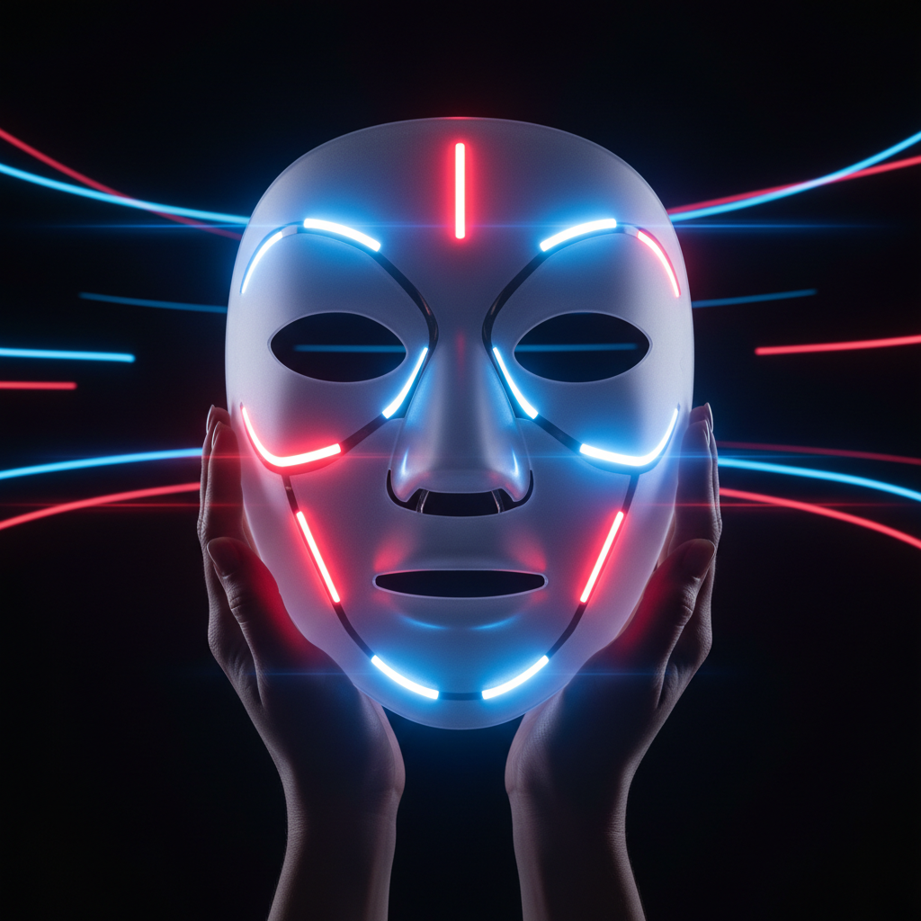 7-color LED light therapy face mask glowing red and blue on dark background, futuristic beauty device