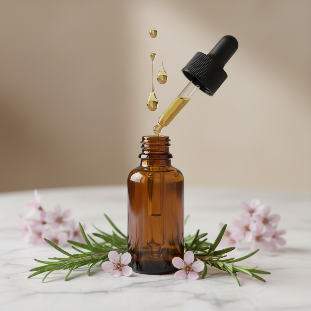 Rosemary hair growth serum drops in amber glass dropper bottle on marble with rosemary sprigs