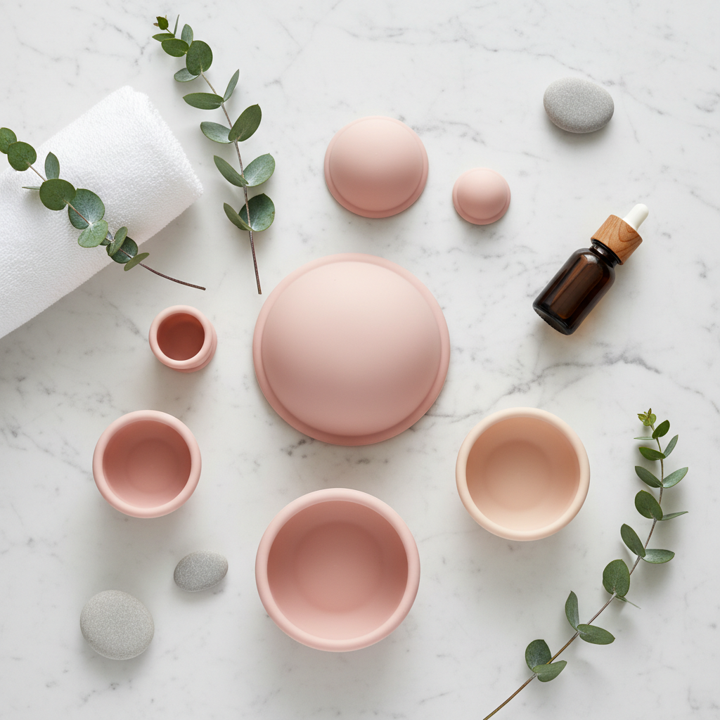 Silicone body cupping massage set in rose and nude pink tones on white marble with eucalyptus