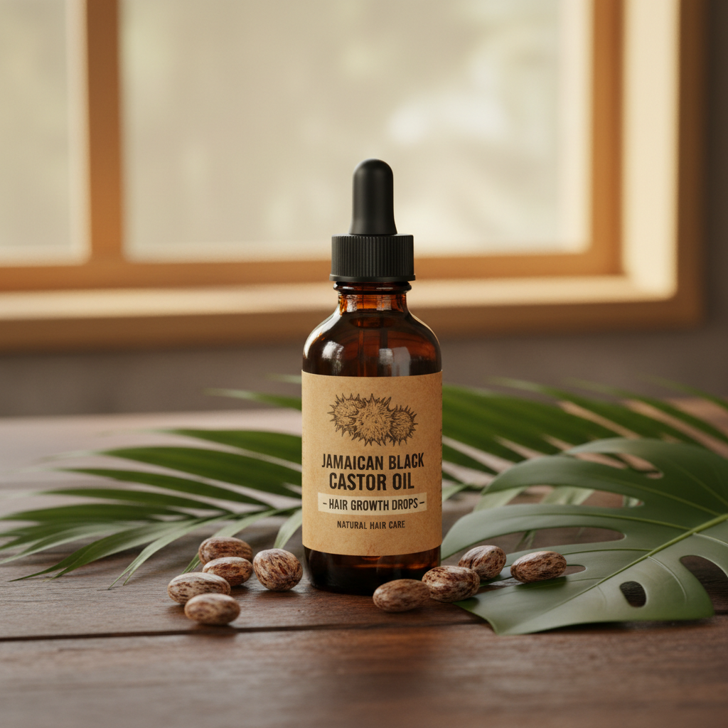 Jamaican black castor oil hair drops in dark glass bottle on wooden surface with castor beans