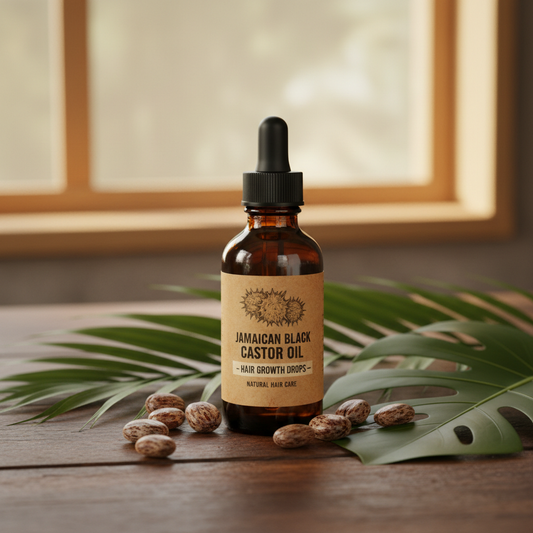 Jamaican black castor oil hair drops in dark glass bottle on wooden surface with castor beans