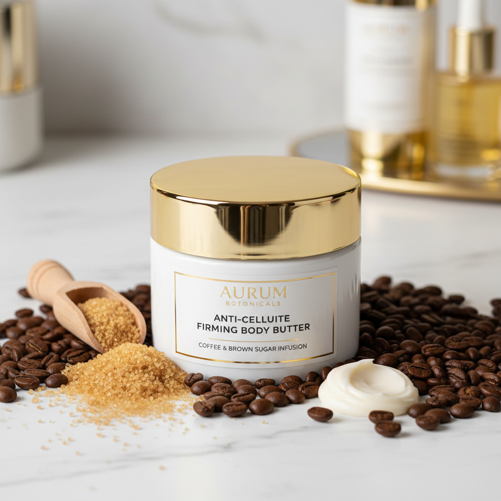 Coffee and collagen firming body butter cream in white jar with gold lid on marble with coffee beans