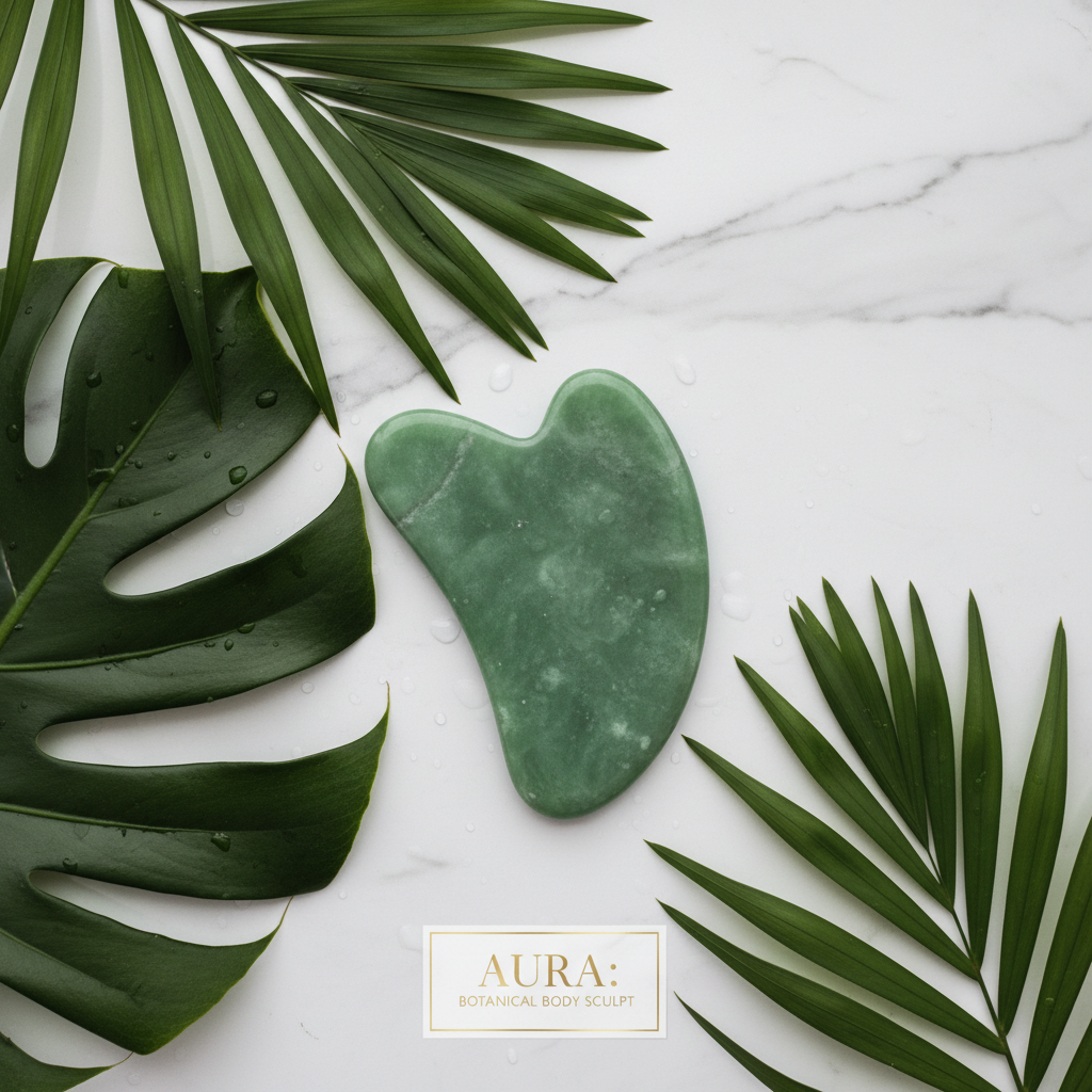 Jade green body sculpting gua sha tool on white marble with tropical leaves