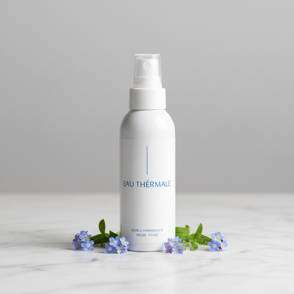 French thermal spring water face mist spray bottle on marble with blue wildflowers