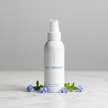 French thermal spring water face mist spray bottle on marble with blue wildflowers