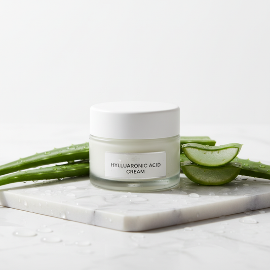 Hyaluronic acid face moisturizer cream in white glass jar on white marble with aloe vera leaves and water droplets