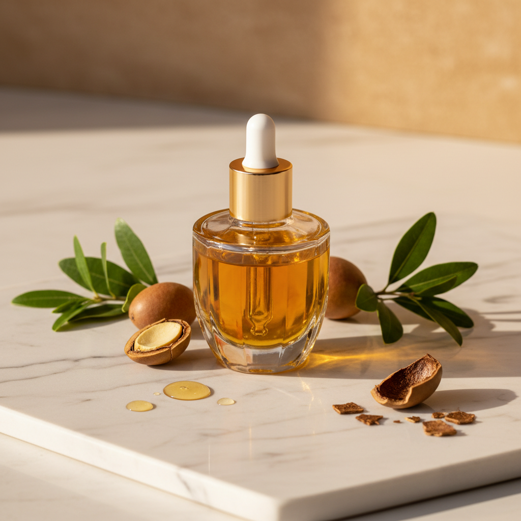 Moroccan argan oil hair drops in gold amber glass bottle on white marble with argan nuts