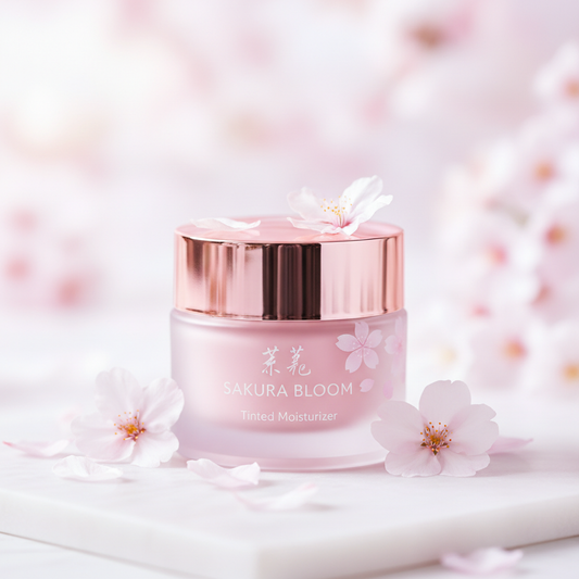 Japanese sakura tinted moisturizer in pink glass jar with cherry blossom petals