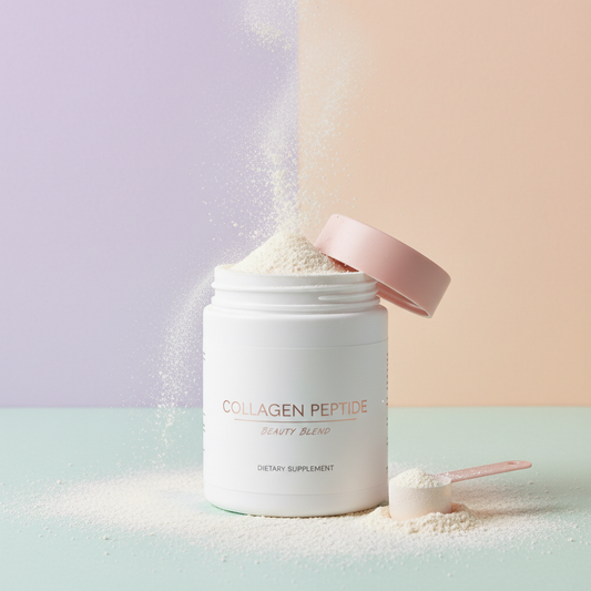 Collagen peptide beauty powder in white jar with pink lid on pastel background