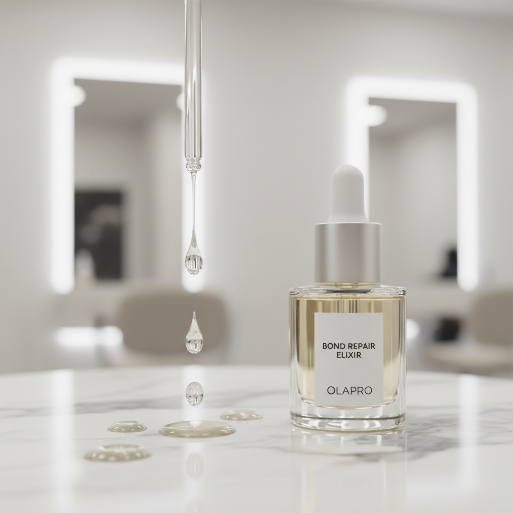 Bond repair hair treatment oil drops in sleek clear glass dropper bottle on white marble