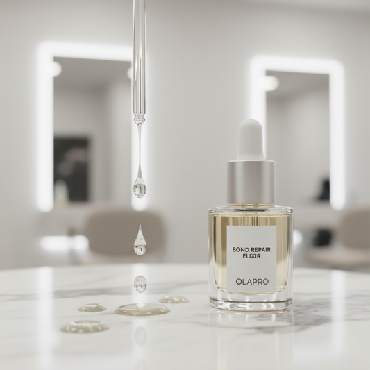 Bond repair hair treatment oil drops in sleek clear glass dropper bottle on white marble